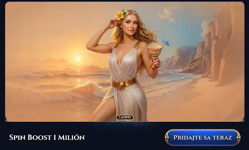 Krásna žena v bielych šatách s čašou v ruke stojí na pláži pri západe slnka, more a útesy v pozadí. Text: „Spin Boost 1 Milión“. Tlačidlo: „Pridajte sa teraz“.