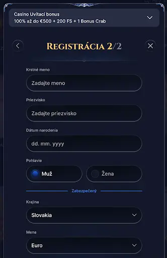 Registračný formulár 2/2 pre online casino – polia na zadanie mena,