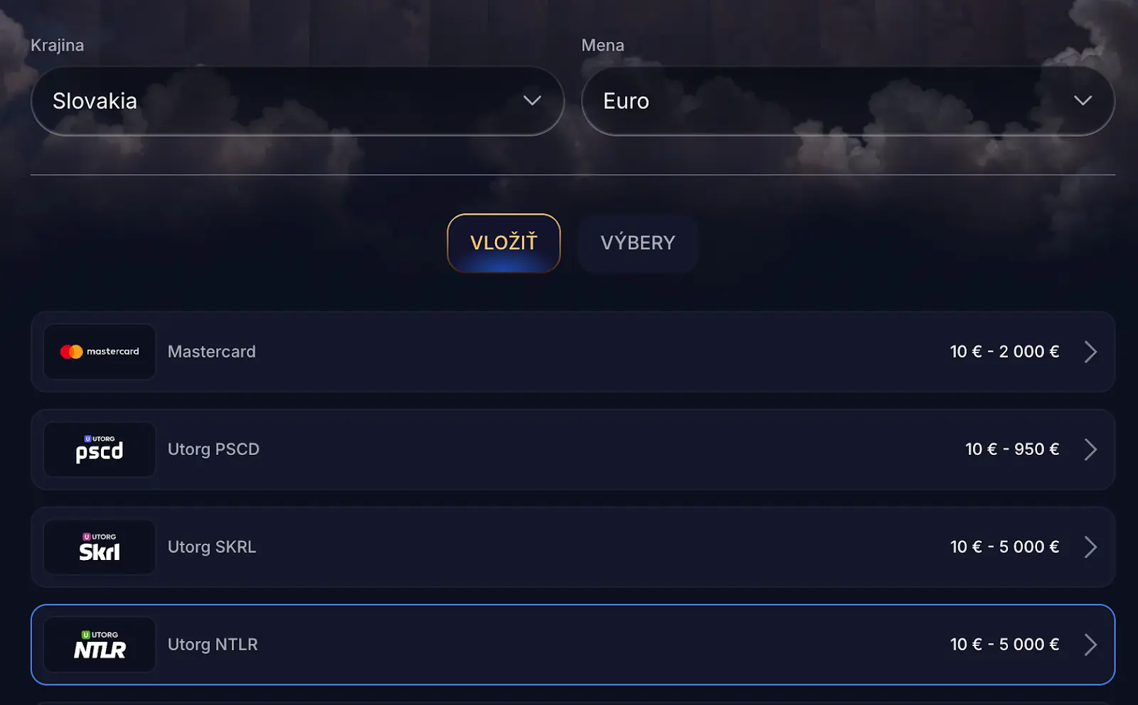 Výber metódy vkladu v eurách
