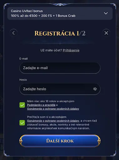 Registračný formulár Cazeus