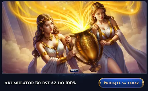 Promo obrázok Akumulátor Boost – dve bohyne v bielych róbach s pozlátenými doplnkami držia zlatú amforu, z ktorej vyžaruje žiara. Text: „Akumulátor Boost až do 100 %“. Tlačidlo: „PRIDAJTE SA TERAZ“.