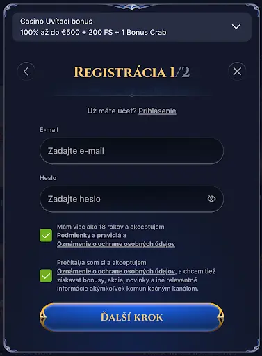 Registračný formulár 1/2 pre online casino – pole na zadanie e-mailu a hesla, povinné súhlasy s podmienkami a ochranou osobných údajov. Zvýraznený bonus: „Casino Uvítací bonus 100% až do €500 + 200 FS + 1 Bonus Crab“. Tlačidlo: „Ďalší krok“.