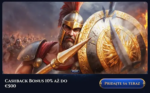 Promo obrázok Cashback Bonus – bojovník v zlatej helme so štítom a kopijou stojí v čele armády, na pozadí prebieha bitka. Text: „Cashback Bonus 10% až do €500“. Tlačidlo: „PRIDAJTE SA TERAZ“.