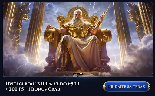 Zlatý boh na tróne držiaci blesk, obklopený oblakmi a stĺpmi, symbolizujúci silu a majestátnosť. Text: „Uvítací bonus 100% až do €500 + 200 FS + 1 Bonus Crab“. Tlačidlo: „Pridajte sa teraz“.