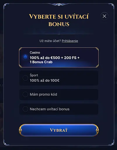 Obrazovka výberu uvítacieho bonusu – hráč si môže zvoliť bonus pre Casino alebo Šport, prípadne zadať promo kód alebo odmietnuť bonus. Zvýraznená možnosť: „Casino 100% až do €500 + 200 FS + 1 Bonus Crab“. Tlačidlo: „Vybrať“.