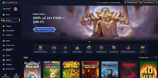 Domovská stránka Cazeus Casino s hrami a bonusmi